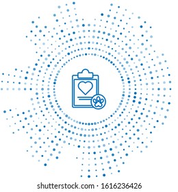 Blue line Clipboard with medical clinical record pet icon isolated on white background. Health insurance form. Medical check marks report. Abstract circle random dots. Vector Illustration