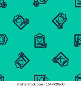 Blue line Clipboard with medical clinical record pet icon isolated seamless pattern on green background. Health insurance form. Medical check marks report.  Vector Illustration