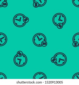 Blue line Clock 24 hours icon isolated seamless pattern on green background. All day cyclic icon. 24 hours service symbol.  Vector Illustration