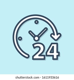 Blue line Clock 24 hours icon isolated on blue background. All day cyclic icon. 24 hours service symbol.  Vector Illustration