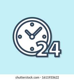 Blue line Clock 24 hours icon isolated on blue background. All day cyclic icon. 24 hours service symbol.  Vector Illustration