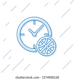 Blue line Clock with basketball ball inside icon isolated on white background. Basketball time. Sport and training.  Vector Illustration