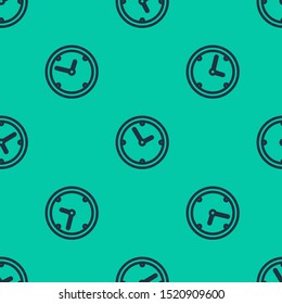 Blue line Clock icon isolated seamless pattern on green background. Time symbol.  Vector Illustration