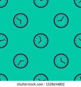 Blue line Clock icon isolated seamless pattern on green background. Time symbol.  Vector Illustration