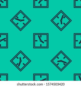 Blue line Clock icon isolated seamless pattern on green background. Time symbol.  Vector Illustration