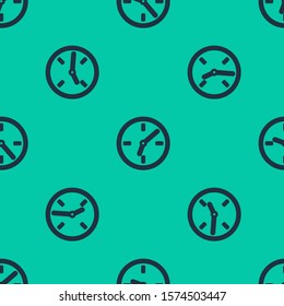 Blue line Clock icon isolated seamless pattern on green background. Time symbol.  Vector Illustration