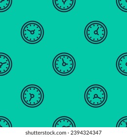 Icono de Reloj de línea azul aislado patrón transparente en fondo verde. Símbolo de tiempo.  Vector