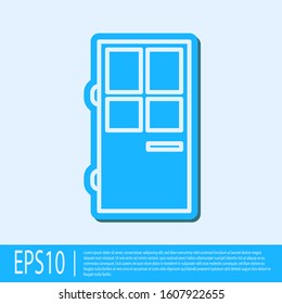 Blue line Closed door icon isolated on grey background.  Vector Illustration