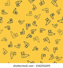 Blue line Closed glass bottle with milk and glass icon isolated seamless pattern on yellow background.  Vector Illustration