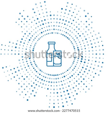 Blue line Closed glass bottle with milk and glass icon isolated on white background. Abstract circle random dots. Vector