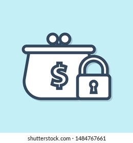 Blue line Closed wallet with lock icon isolated on blue background. Locked wallet. Security, safety, protection concept. Concept of a safe payment.  Vector Illustration