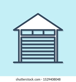 Blue line Closed warehouse icon isolated on blue background.  Vector Illustration