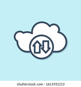 Blue line Cloud download and upload icon isolated on blue background.  Vector Illustration