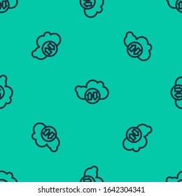 Blue line Cloud download and upload icon isolated seamless pattern on green background.  Vector Illustration