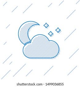 Blue line Cloud with moon and stars icon isolated on white background. Cloudy night sign. Sleep dreams symbol. Night or bed time sign.  Vector Illustration