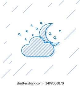 Blue line Cloud with moon and stars icon isolated on white background. Cloudy night sign. Sleep dreams symbol. Night or bed time sign.  Vector Illustration