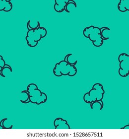 Blue line Cloud with moon and stars icon isolated seamless pattern on green background. Cloudy night sign. Sleep dreams symbol. Night or bed time sign.  Vector Illustration