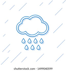Blue line Cloud with rain icon isolated on white background. Rain cloud precipitation with rain drops.  Vector Illustration