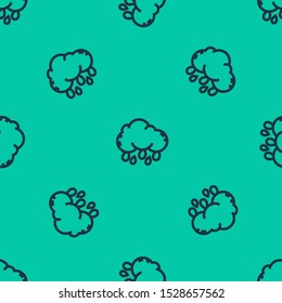 Blue line Cloud with rain icon isolated seamless pattern on green background. Rain cloud precipitation with rain drops.  Vector Illustration