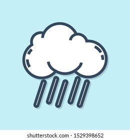 Blue line Cloud with rain icon isolated on blue background. Rain cloud precipitation with rain drops.  Vector Illustration
