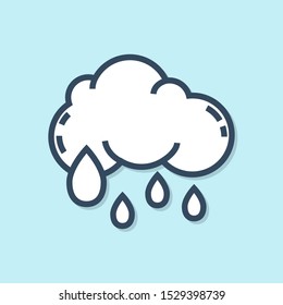 Blue line Cloud with rain icon isolated on blue background. Rain cloud precipitation with rain drops.  Vector Illustration