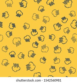 Blue line Cloud with rain icon isolated seamless pattern on yellow background. Rain cloud precipitation with rain drops.  Vector Illustration