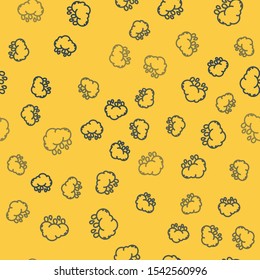 Blue line Cloud with rain icon isolated seamless pattern on yellow background. Rain cloud precipitation with rain drops.  Vector Illustration