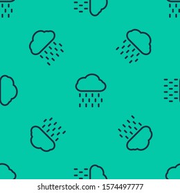 Blue line Cloud with rain icon isolated seamless pattern on green background. Rain cloud precipitation with rain drops.  Vector Illustration