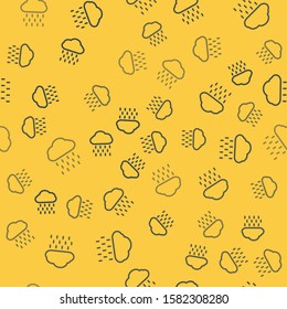 Blue line Cloud with rain icon isolated seamless pattern on yellow background. Rain cloud precipitation with rain drops.  Vector Illustration
