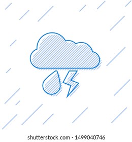 Blue line Cloud with rain and lightning icon isolated on white background. Rain cloud precipitation with rain drops.Weather icon of storm.  Vector Illustration