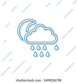 Blue line Cloud with rain and moon icon isolated on white background. Rain cloud precipitation with rain drops.  Vector Illustration
