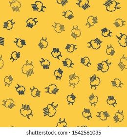 Blue line Cloud with rain and moon icon isolated seamless pattern on yellow background. Rain cloud precipitation with rain drops.  Vector Illustration
