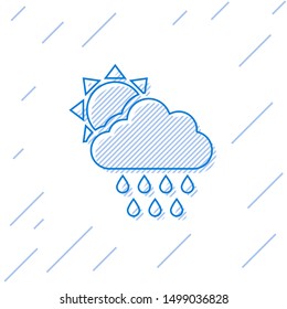 Blue line Cloud with rain and sun icon isolated on white background. Rain cloud precipitation with rain drops.  Vector Illustration