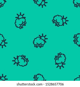 Blue line Cloud with rain and sun icon isolated seamless pattern on green background. Rain cloud precipitation with rain drops.  Vector Illustration