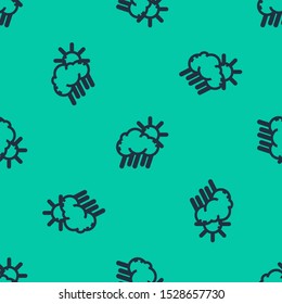 Blue line Cloud with rain and sun icon isolated seamless pattern on green background. Rain cloud precipitation with rain drops.  Vector Illustration
