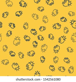 Blue line Cloud with rain and sun icon isolated seamless pattern on yellow background. Rain cloud precipitation with rain drops.  Vector Illustration