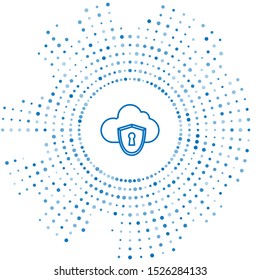 Blue line Cloud and shield icon isolated on white background. Cloud storage data protection. Security, safety, protection, privacy concept. Abstract circle random dots. Vector Illustration