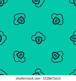 Blue line Cloud and shield icon isolated seamless pattern on green background. Cloud storage data protection. Security, safety, protection, privacy concept.  Vector Illustration