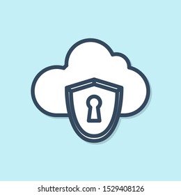Blue line Cloud and shield icon isolated on blue background. Cloud storage data protection. Security, safety, protection, privacy concept.  Vector Illustration