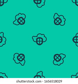 Blue line Cloud and shield icon isolated seamless pattern on green background. Cloud storage data protection. Security, safety, protection, privacy concept.  Vector Illustration