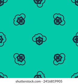 Blue line Cloud and shield icon isolated seamless pattern on green background. Cloud storage data protection. Security, safety, protection, privacy concept.  Vector