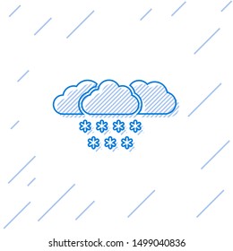 Blue line Cloud with snow icon isolated on white background. Cloud with snowflakes. Single weather icon. Snowing sign.  Vector Illustration