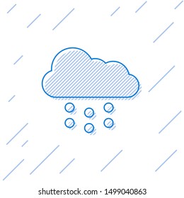 Blue line Cloud with snow icon isolated on white background. Cloud with snowflakes. Single weather icon. Snowing sign.  Vector Illustration