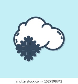 Blue line Cloud with snow icon isolated on blue background. Cloud with snowflakes. Single weather icon. Snowing sign.  Vector Illustration