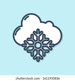 Blue line Cloud with snow icon isolated on blue background. Cloud with snowflakes. Single weather icon. Snowing sign.  Vector Illustration