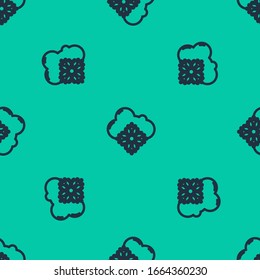 Blue line Cloud with snow icon isolated seamless pattern on green background. Cloud with snowflakes. Single weather icon. Snowing sign.  Vector Illustration