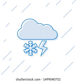 Blue line Cloud with snow and lightning icon isolated on white background. Cloud with snowflakes. Single weather icon. Snowing sign.  Vector Illustration