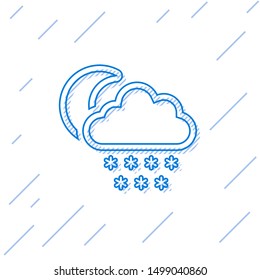 Blue line Cloud with snow and moon icon isolated on white background. Cloud with snowflakes. Single weather icon. Snowing sign.  Vector Illustration