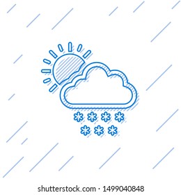 Blue line Cloud with snow and sun icon isolated on white background. Cloud with snowflakes. Single weather icon. Snowing sign.  Vector Illustration