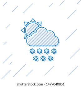 Blue line Cloud with snow and sun icon isolated on white background. Cloud with snowflakes. Single weather icon. Snowing sign.  Vector Illustration